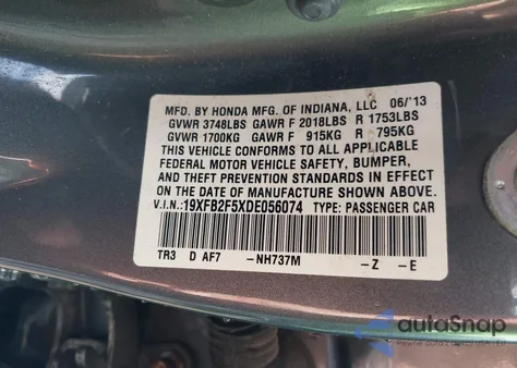 2013 Honda Civic Lx from USA, damaged, VIN 19XFB2F5XDE056074